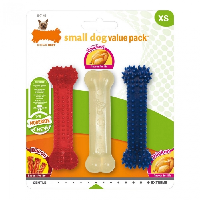 Mordedor de perro Nylabone Value Pack Bacon Talla S Pollo Termoplástico (3 pcs)