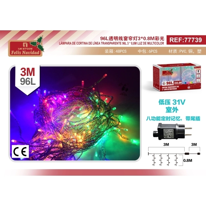 CORTINA TRANSPARENTE 96L 3 * 0.8M LUZ MULTICOLOR CORTINA TRANSPARENTE 96L 3 * 0.8M LUZ MULTICOLOR